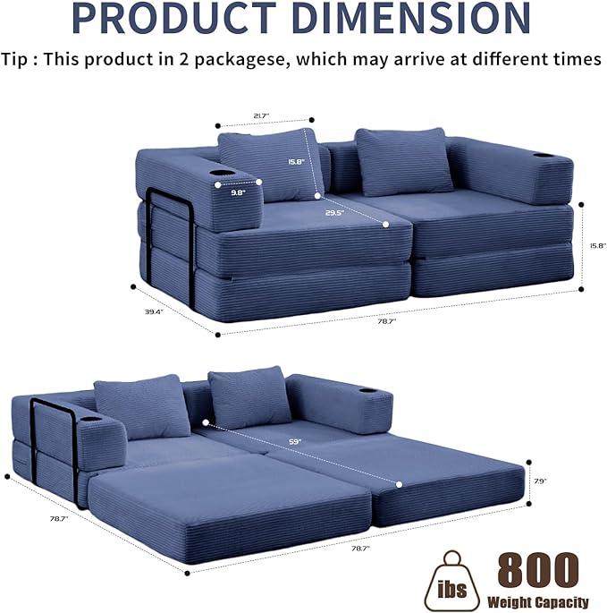 78" Loveseat Sleeper Sofa, 4 in 1 Convertible Floor Sofa Bed, Boneless Cloud Couch with Cup Holder, Fold Out Floor Couch for Living Room Bedroom Lounge, Corduroy, Navy Blue