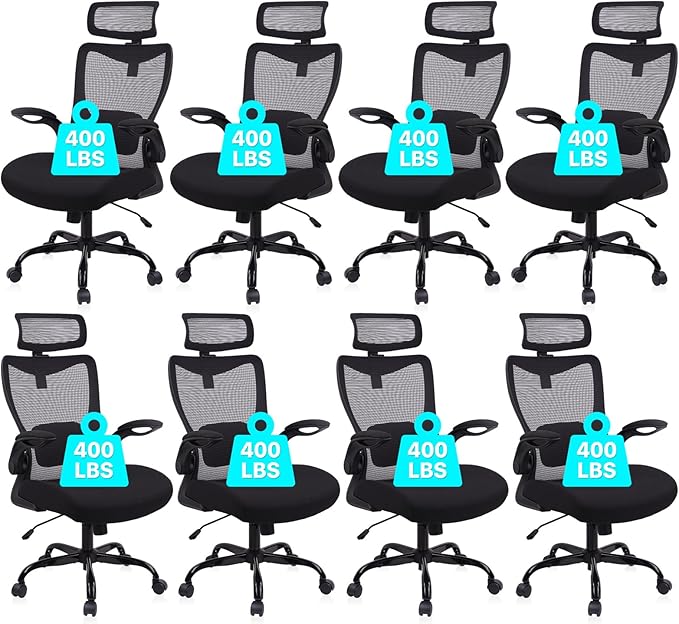 CLATINA Heavy Duty Ergonomic Mesh Office Chair 400LBS, Big and Tall Desk Chair with Adjustable Lumbar Support & Headrest, Flip Up Padded Arms, High Back Computer Chair for Home Office, Black, 8 Pack
