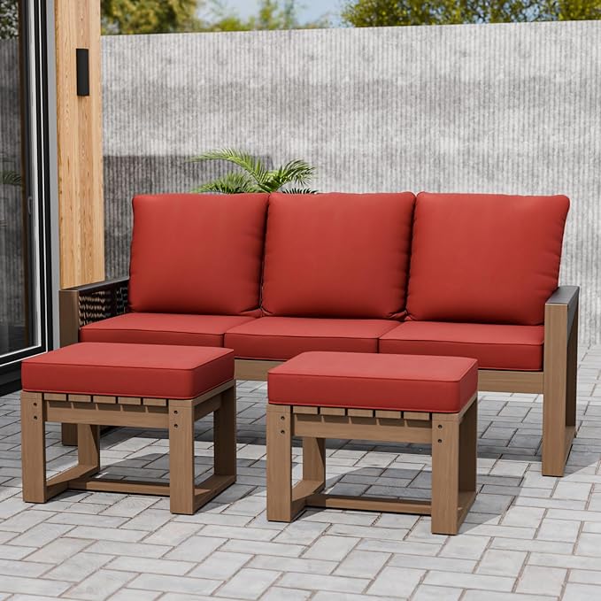 INTER HUT Rustic Hideaway Natural Cedar Wood Outdoor Furniture Set, Wicker Patio Conversation Set for Porch Garden Backyard, Couch and 2 Ottomans, 3 Piece, Brownish/Red
