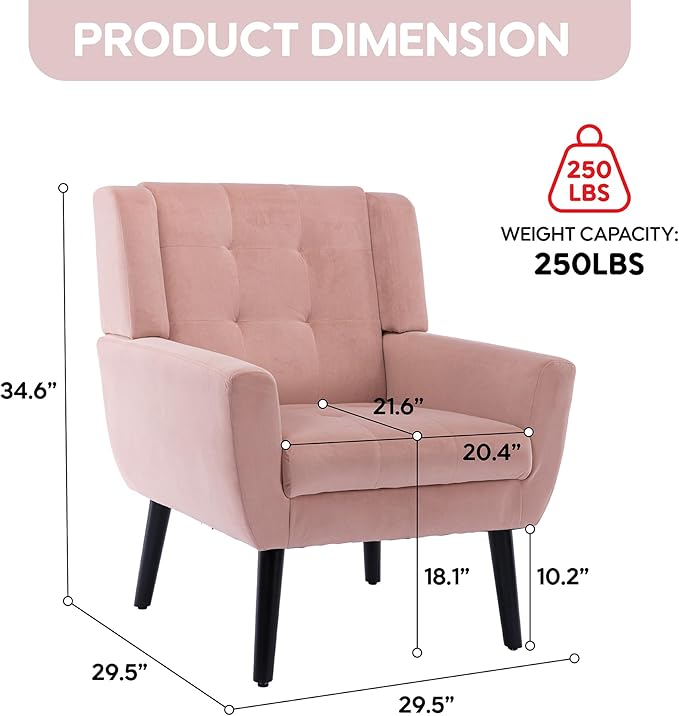 OO BY ORANGE ONLINE Velvet Accent Chair, Mid-Century Modern Tufted Armchair for Living Room, Bedroom & Office (Pink)