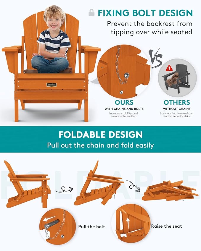SERWALL Folding Adirondack Chair Set of 4 for Patio Garden Outdoors Fire Pit Chairs- Orange