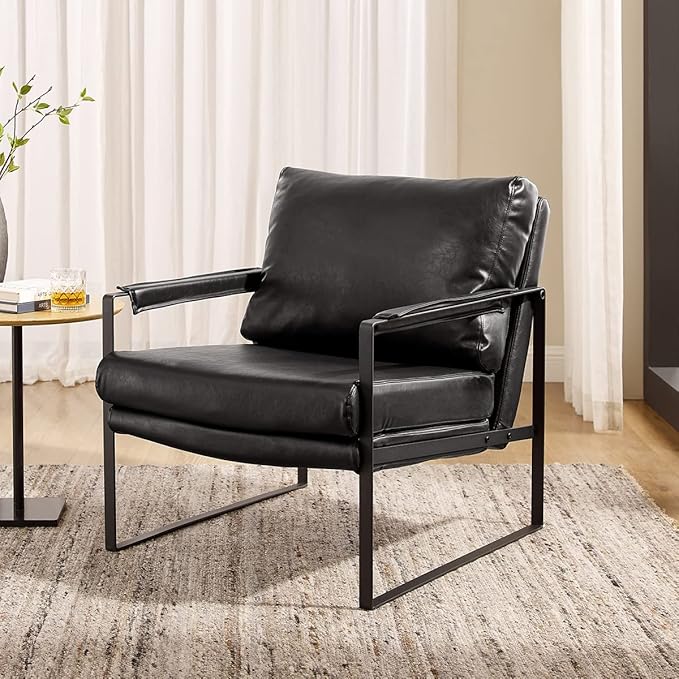 Volans Mid Century Modern Accent Chair with Arms for Living Room, Faux Leather Accent Chairs for Lounge, Metal Frame Armchair Reading Chair Single Sofa for Bedroom Office, Black