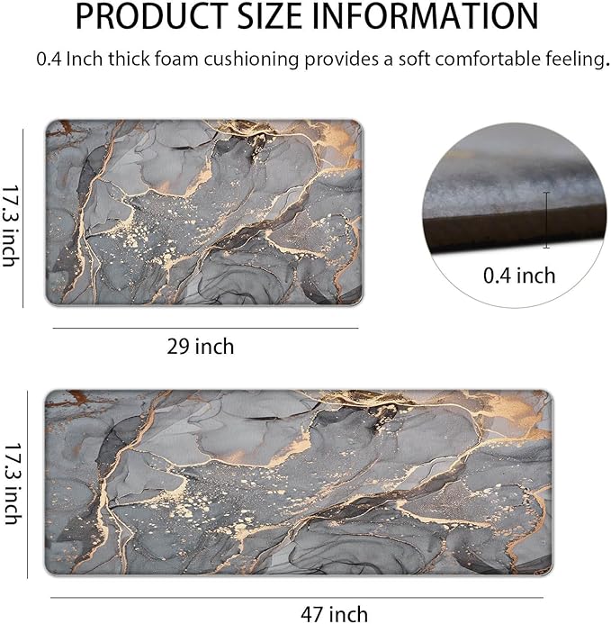 Kitchen Mat Anti Fatigue Cushioned Set of 2 Grey Kitchen Rugs Non Slip Waterproof Kitchen Floor Mats Gold Kitchen Accessories and Decor Comfort Memory Foam Kitchen Mats for Floor Laundry Room