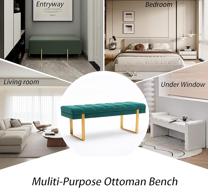 AIITTCC Velvet Ottoman Bedroom Bench, 46.5" Tufted Padded End of Bed Bench with Gold Legs, Upholstered Shoe Bench for Living Room Entryway Window (Green, 46" Wide)