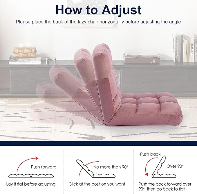 HOMYEDAMIC Floor Chair, 24 inches Wide Oversized Velvet Armless Lay Flat Floor seat Padded Meditation Chair with 6 Adjustable Position Ergonomic Comfortable Convenient(LRSF-008-PINK)