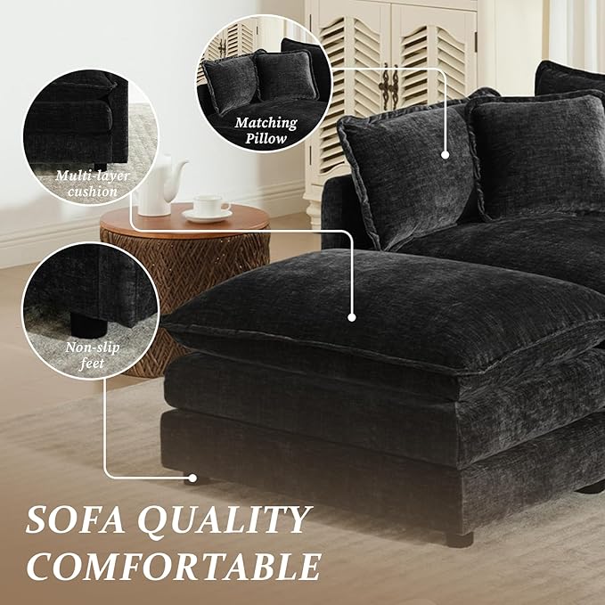 SoarFlash Chenille Sectional Sofa, Comfy Modular Loveseat Sofa, Modern 2-Seat Couch Deep Seat Sofa Set for Living Room,Black