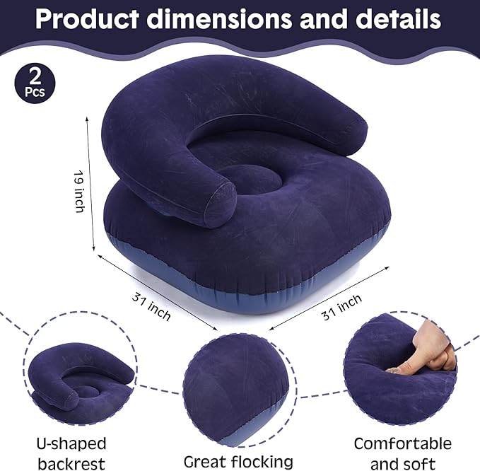 Threehoney 2 Pcs Inflatable Lounge Chair Deck Chair Lazy Sofa, Blow Up, Folding, Portable Couch for Home, Office Balcony, Floor Seating (Blue)