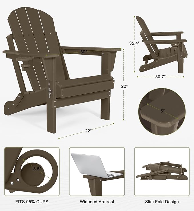 Folding Adirondack Chairs Set of 6 - Plastic Adirondack Chairs with Cup Holder, Weather Resistant for Outdoor, Patio, Lawn, Garden, Backyard Deck, Fire Pit - Dark Brown