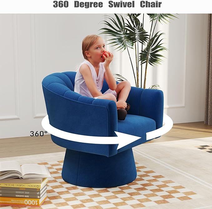 Swivel Accent Chair,Upholstered Velvet 360° Swivel Barrel Chair for Living Room Overstuffed Bouncle Reading Chair Round Armchair for Bedroom,Vanity,Office(Navy)