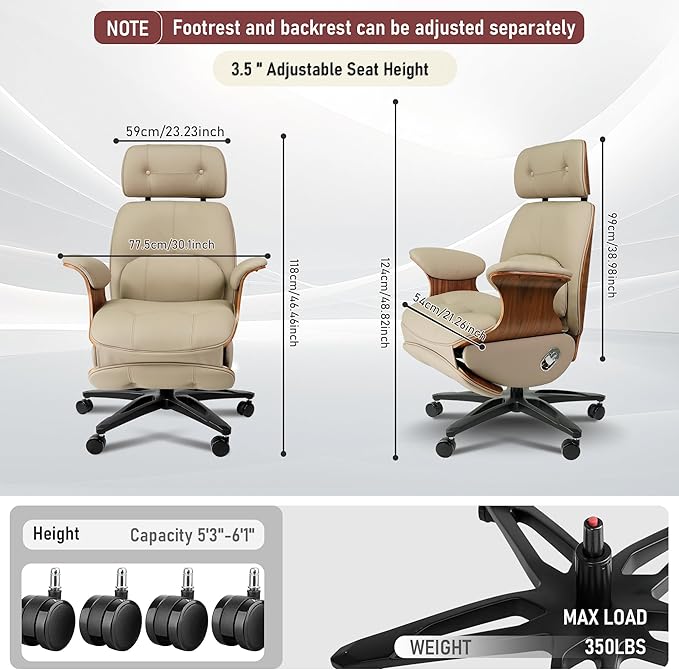 Genuine Leather Office Chair with Electric Reclining, Footrest, Lifting and Massage Function, 350lbs Capacity Ergonomic Executive Chair with Alu Base and 360° Wheels for Home Living Room