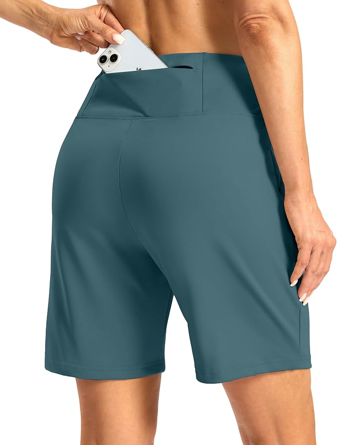 Women's Athletic Shorts with Zipper Pocket 7" High Waisted Stretchy Bermuda Shorts for Women Workout Running Casual