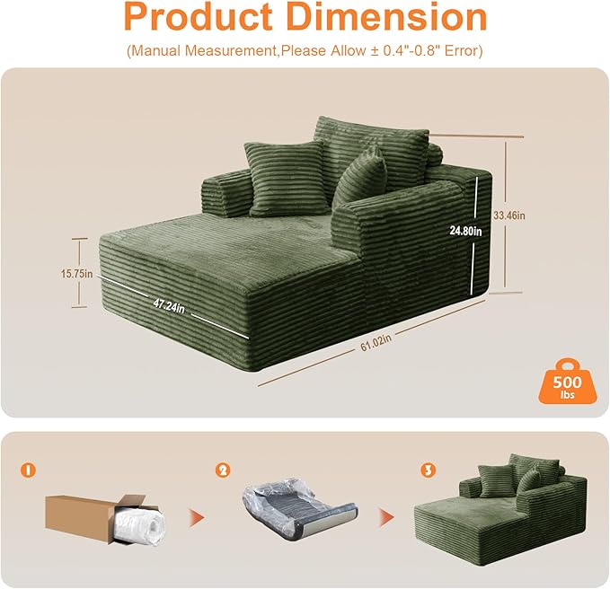 Oversized Chaise Lounge Chair Indoor, Upholstered Single 61'' Round Arm Boneless Cloud Sofa Bed Sleeper Couch, No Assembly Faux Rabbit Fur Memory Foam Reading Chair for Living Room Bedroom Green