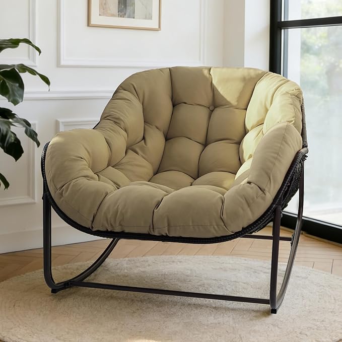 Sgentle Papasan Rocking Chair Outdoor, Oversized Patio Rocking Chair with Cushions & Steel Frame, Wicker Egg Lounge Chair Indoor, Comfy Reading Chair for Patio, Deck, Porch (Khaki, Style 1)