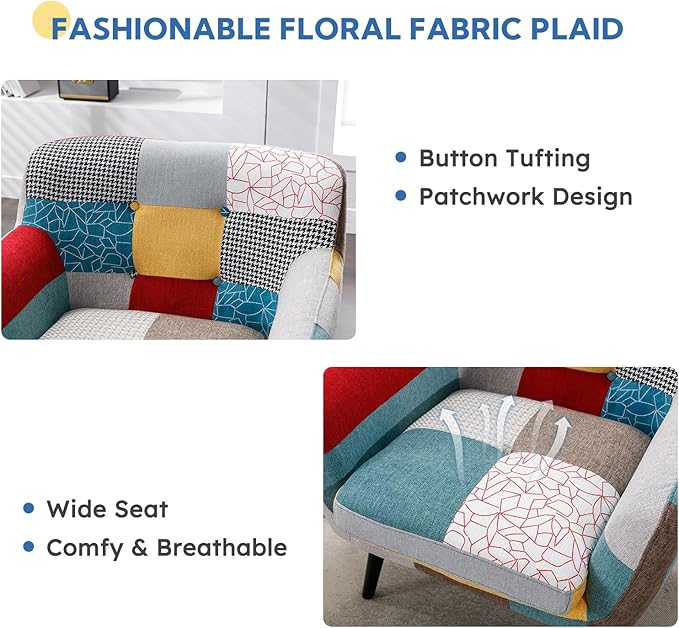 Bonzy Home Modern Accent Chair Set of 2 for Living Room, Colorful Boho Linen Fabric Upholstered Armchair with Wood Legs, 2 Single Chairs