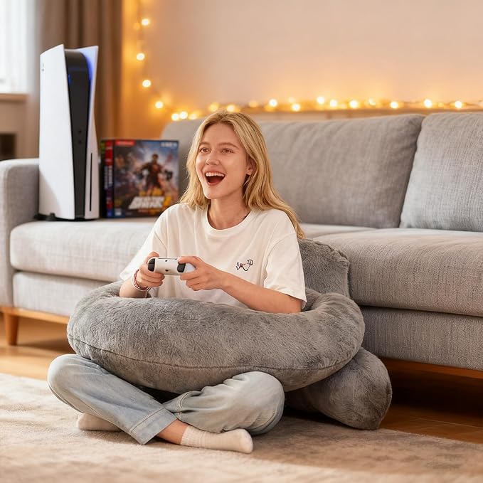 PAJEO Reading Pillow for Bed,U Shaped & Back Support Pillow for Bed,17" Backrest with Lumbar & Arm Support,Luxurious Faux Rabbit Fur,Gaming PillowFor Crochet/Reading/Watching TV,Gray