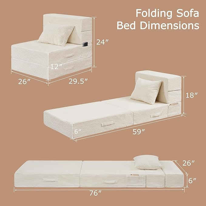 HILERO Folding Sofa Bed, 4 in 1 Convertible Sleeper Chair with Pillow, Single Memory Foam Fold Out Chair Bed, Modern Floor Futon Sofa Couch Mattress for Living Room/Guest/Apartment,Beige