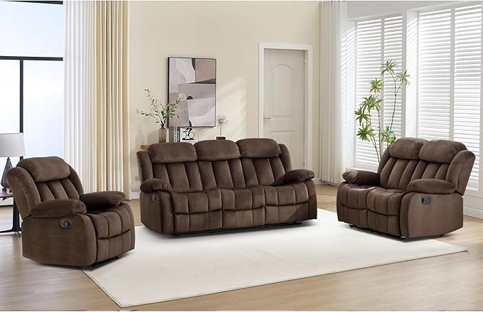 EBELLO Manual Recliner Sofa Set, Classic Reclining Couch Furniture Set for Living Room, Includes 1 Recliner Chair, 1 Loveseat Sofa and 1 3-Seater Couch, Brown