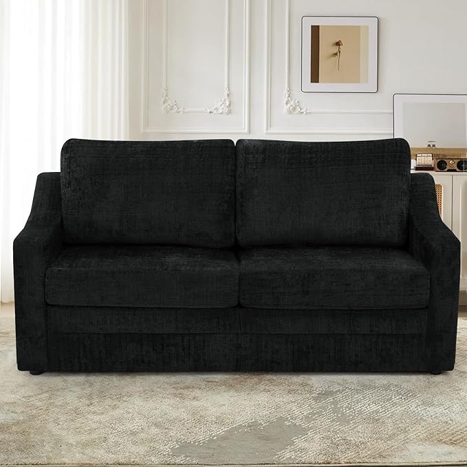 ACMEASE 67 Inches Chenille 2-Seat Sofa w/Comfortable Back Cushions, Modern Love Seat w/Deep Seat Space, Upholstered 2 Seater Couch w/High Resiliency Foam for Living Room, Office, Black