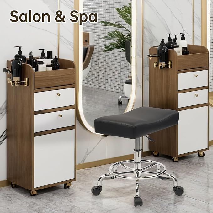 Heavy Duty Extra Wide Rolling Stool PU Leather Thickened Seat Cushion with Foot Rest Adjustable Height Swivel with Wheels for Spa Salon Tattoo Work Massage Barstool, Black, 1 Pack