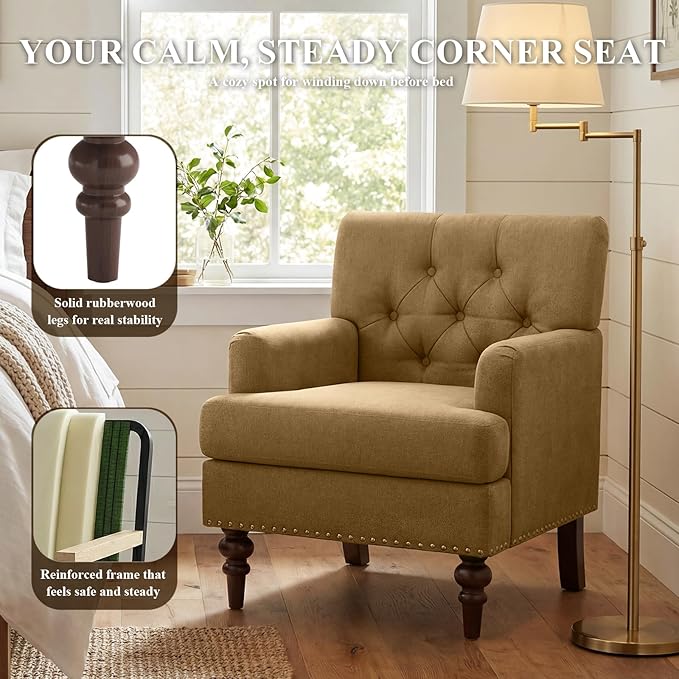 Upholstered Accent Chair with Thick Cushion, High Back Reading Chair, Linen Blend Armchair with Solid Rubberwood Legs for Living Room, Bedroom, Reading Nook, Apartment & Small Spaces,Brown
