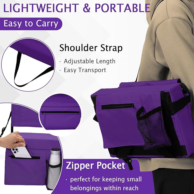 2pcs Stadium Seat for Bleachers with Back Support，Portable Bleacher Chairs with Back and Cushion，Includes Shoulder Strap and Cup Holder