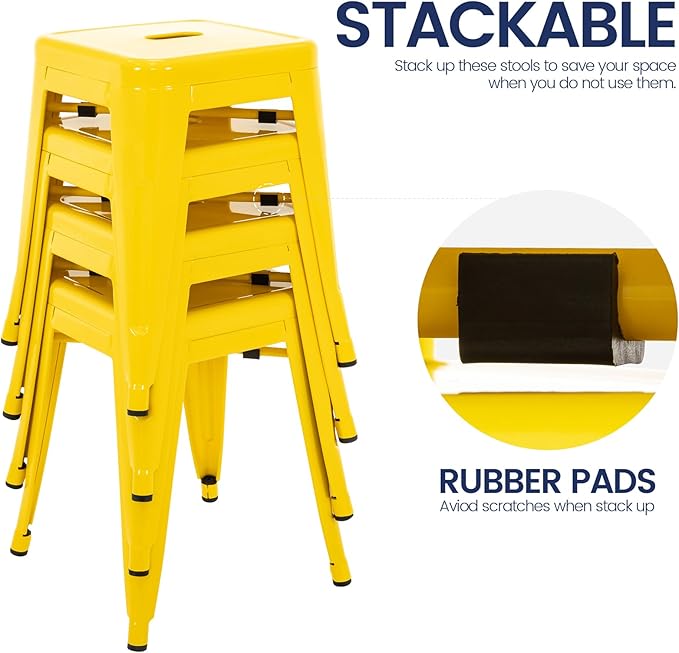 Brage Living 18 Inch Industrial Metal Stools Set of 4, Stackable Classroom Stools, Backless Metal Dining Chairs for Indoor Outdoor, Kitchen Short (Yellow)