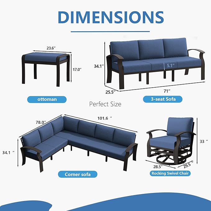 RTDTD Aluminum Outdoor Patio Furniture Set,11 Seats Patio Conversation Sets with 45" Propane Fire Pit Table,Metal Patio Sectional Furniture Set with 5.1" Thickened Cushions,Navy Blue