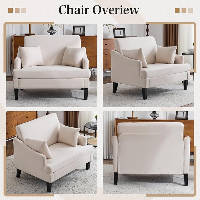 Bezseller Oversized Accent Chair with Ottoman - 33.5'' Wide Seat Comfy Armchair with 2 Pillows, Upholstered Big Reading Chair, Modern Single Sofa Chair for Living Room Bedroom Office, Beige/White
