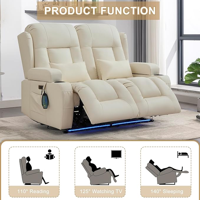URRED Loveseat Recliner Sofa with Massage and Heat, Power Reclining Loveseat Sofa RV Couch Home Theater Seating with LED Lights, Cup Holders, Side Pockets, USB, Pillows, Faux Leather, Ivory