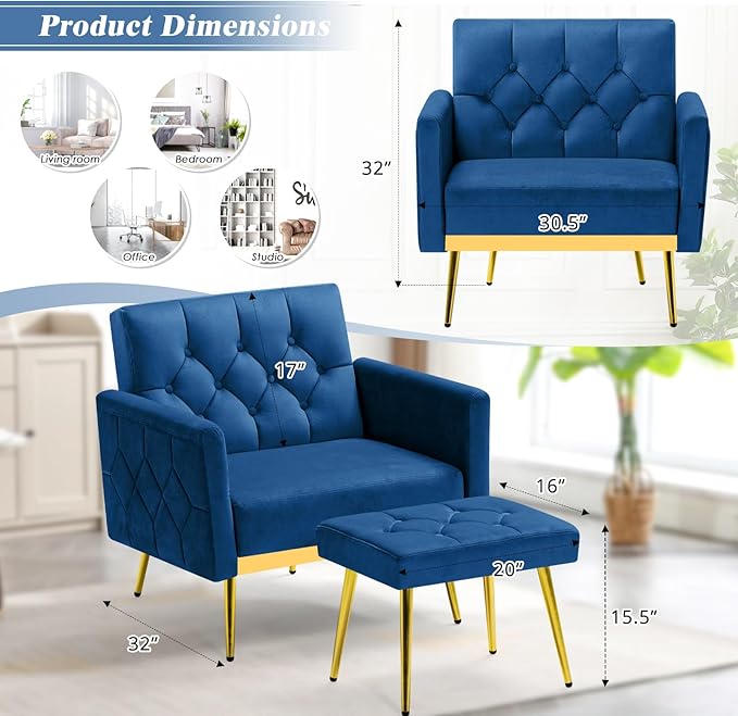 ACMEASE Velvet Accent Chair w/Adjustable Armrests and Backrests, Tufted Single Sofa with Ottoman, Upholstered Reading Chiar for Living Room, Apartment, Bedroom, Blue