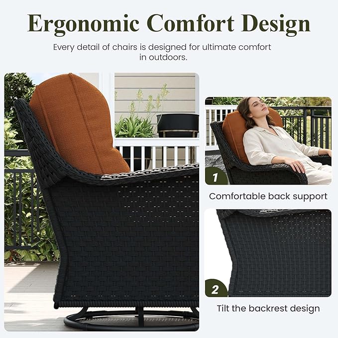 LayinSun 7 Piece Wicker Outdoor Furniture Set with 6-inch Comfy Cushions, High Back Patio Furniture Set with Swivel Rocking Chairs and Side Table