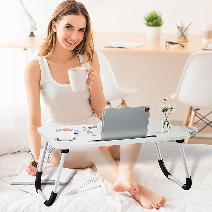 Lap Desk Bed Trays for Eating and Laptops Breakfast in Bed Tray for Sofa/Couch/Study/Reading/Writing with Cup Holder/Drawer On Low Sitting Floor Large Portable Foldable (White)