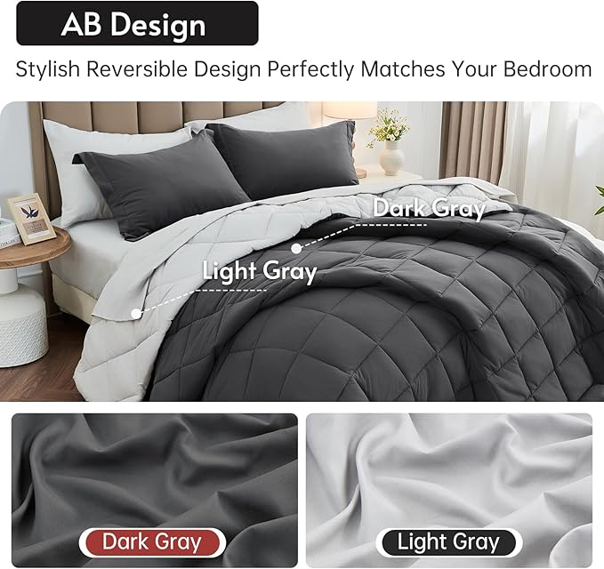 MUXHOMO 7 Pieces Queen Comforter Set, Reversible Bed in a Bag Queen Size, All Season Bedding Set with Comforter, Flat Sheet, Fitted Sheet, Pillowcases & Shams, Dark Grey & Light Grey
