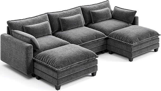 Pipishell Sectional Couches for Living Room, 110.6" U-Shaped Modular Sectional Sofa, 5-Seat Chenille Deep Seat Cloud Couch with 2 Movable Ottomans & Throw Pillows, Grey