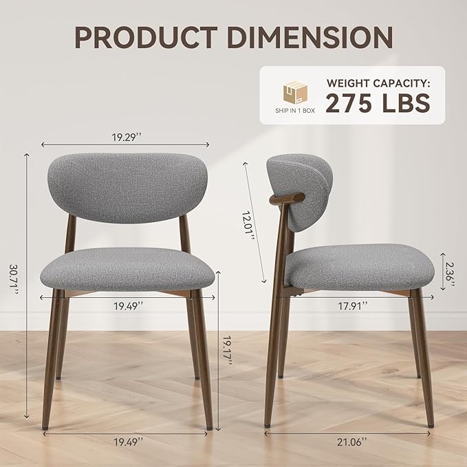 Dining Chairs Set of 2, Curved Back Kitchen Room Chairs with Metal Legs and Anti Slip Pads, Upholstered Dining Chair for Home and Restaurant, Light Grey