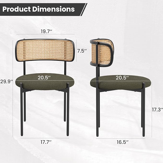 Farini Modern Upholstered Dining Chairs Set of 2,Rattan Back Dining Room Chairs,Accent Kitchen Chairs with Metal Legs,Green