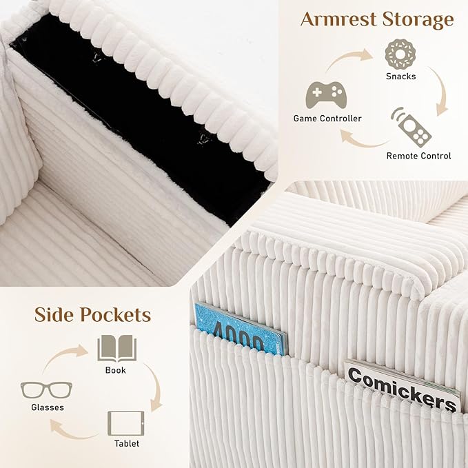 110" W x 60" D U Shape Sectional Sofa with USB Charging & Cup Holder & Storage, 5 Seater Plush Corduroy Couches with Movable Ottoman, Cloud Couch Sofas for Living Room, DIY Combination - Beige White