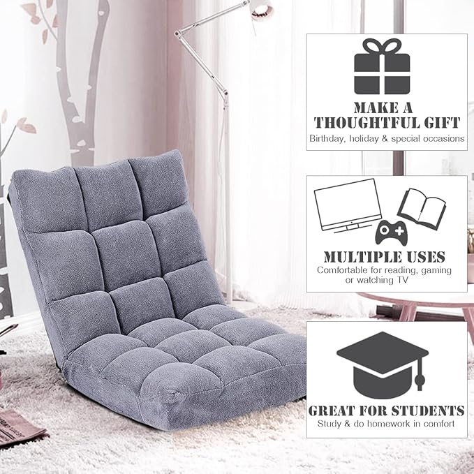 KOMFOTT 14-Position Adjustable Floor Chair With Back Support, Folding Padded Gaming Sofa for Reading, Meditation, Living Room Lazy Lounge, Video Gaming - Grey