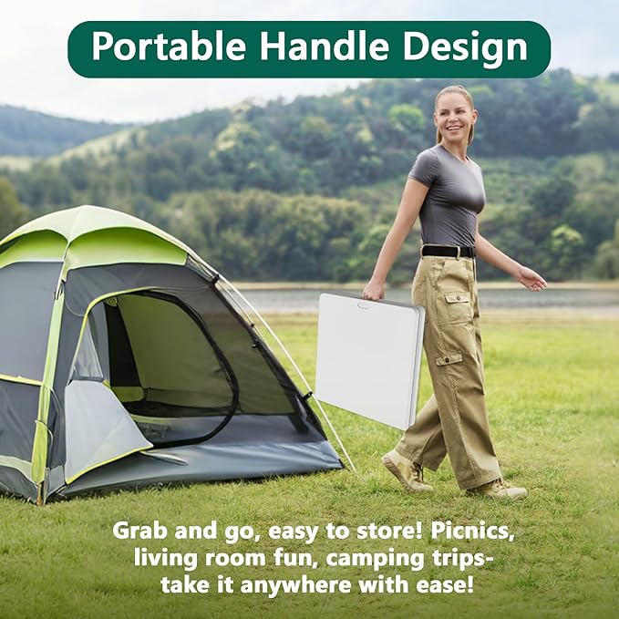 FurniEdge 4ft Folding Table with Adjustable Height, Heavy Duty Fold-in-Half Plastic Table with Steel Legs, Portable for Indoor, Outdoor, Picnic, Camping, Dining, Party, White