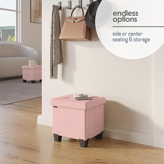 Storage Ottoman Cube with Small Bin, 16-in Square Ottoman with Storage for Living Room and Bedroom, Small Ottomans Foot Rest, Fabric Foot Stools Ottomans Max 330lbs, Pink