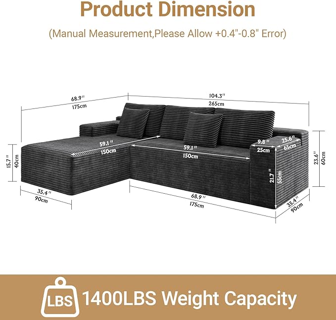 KAPEETOO Modular Sectional Sofa Cloud Couch with Chaise Longue, Left L Shaped Boneless Couch with Deep Seat, Oversize 3-Seater Boneless Sofa Set for Living Room Bedroom (Grey)