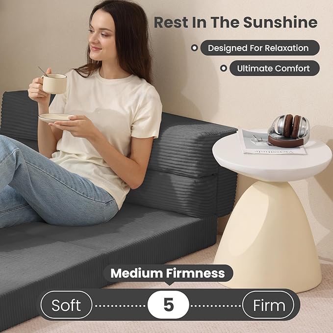 Folding Sofa Bed, Convertible Sleeper Chair with Pilow Foldable Matress, 2 in 1 Pull Out Loveseat Sofa Portable Fold Out Chair Bed Floor Couch Lounge for Living Room Bedroom (Grey, Queen)