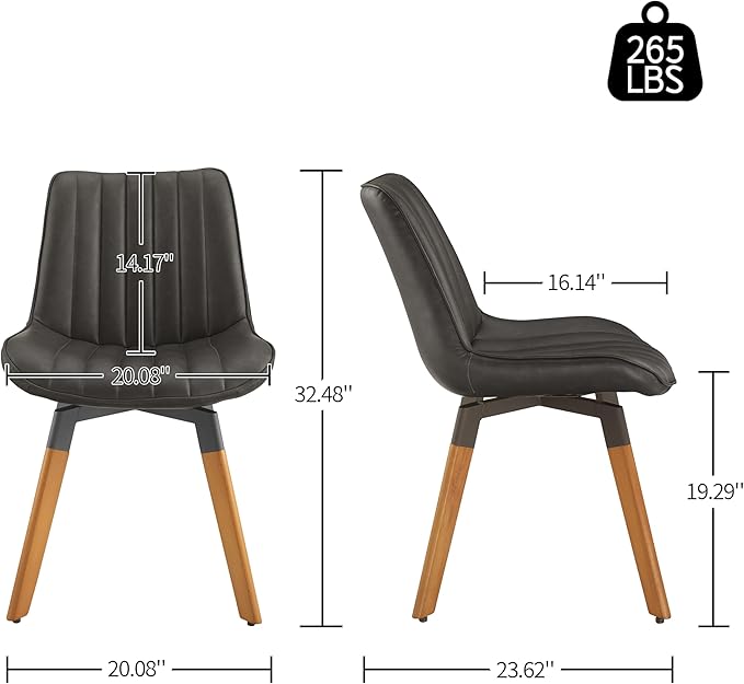 Art Leon Swivel Dining Chairs Set of 2, Mid Century Modern Kitchen Dining Room Chairs, Upholstered Faux Leather Armless Side Chair with Wood Legs for Living Room Bedroom, Dark Gray