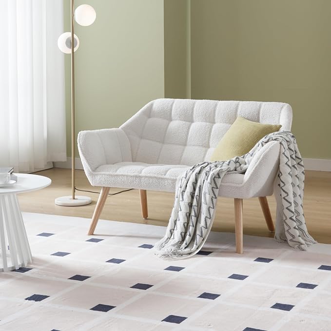 QUINJAY 48" Small Loveseat Sofa, Modern Sherpa Mini Sofa Couch 2-Seater Fluffy Love Seat with Quilting Backs and Wood Legs for Living Room, Bedroom and Small Space, White