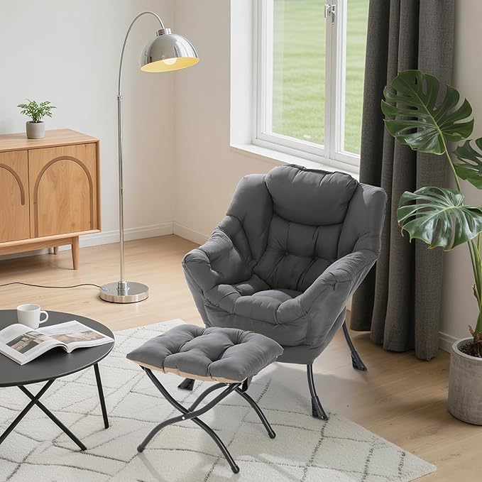 TLSUNNY Lazy Chair with Foldable Ottoman, Modern Comfy Lounge Chair, Large Sofa Armchair with Footrest and a Side Pocket, Reading Chair with Footstool for Bedroom, Living Room, Dorm (Dark Grey)