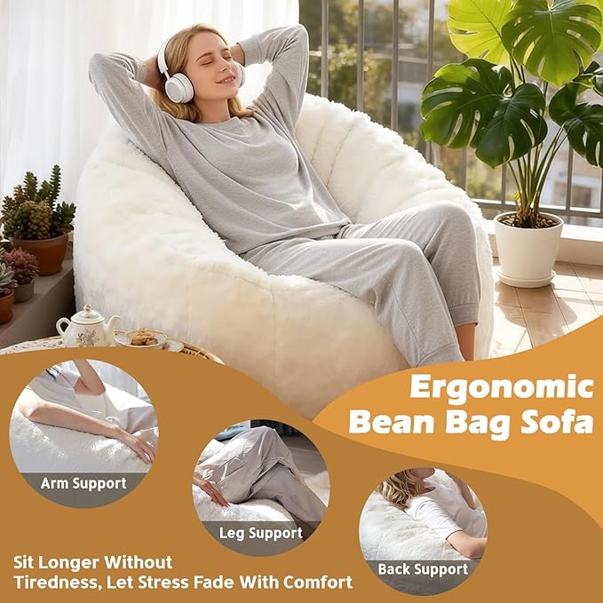Big Bean Bag Chairs for Adults Giant Sofa with Faux Fur Shell-Shaped Beanbag Couch, Stuffed Large Bean Bag Floor Chair for Living Room, Beanbags Reading Chair for Bedroom Single Sofa(XL-White)