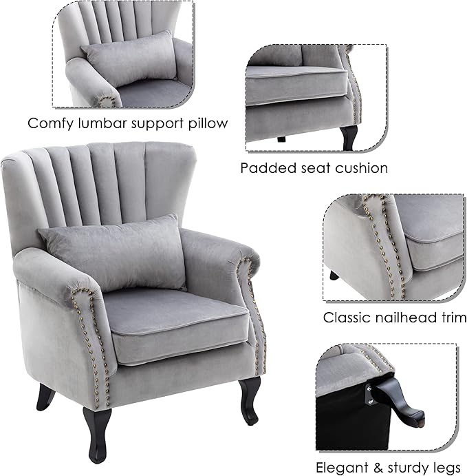 chairus Mid-Century Modern Accent Chair Comfy Single Sofa Chair Channel Back Armchair with Small Pillow for Living Roon Bedroom Club - Velvet, Grey
