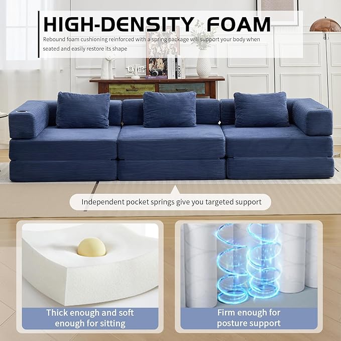 118" Oversized Convertible Floor Sofa Bed, Boneless Foldable Mattress Cloud Couch with Pillow Back & Armrest, Fold Out Floor Couch with Cup Holder for Living Room Bedroom Lounge, Corduroy, Navy Blue