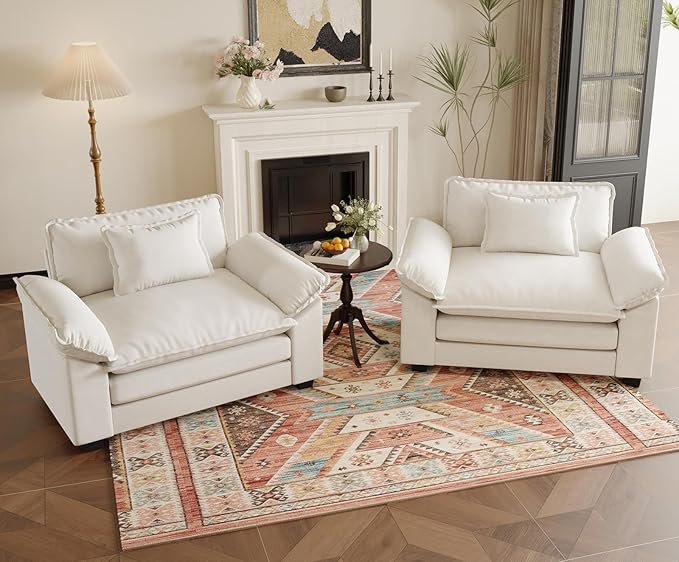 HUSFU 49.5'' W Oversized Accent Chair, Cloud Sofa Chair with Deep Seat and Extra Wide Armrests, Comfy Reading Armchair for Bedroom, Living Room, Set of 2, Beige