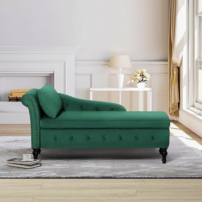 ACMEASE Upholstered Chaise Lounge with Left Armrest & Lumbar Pillow,Button Tufted Lounge Sofa with Storage,Lounge Chair Indoor,Modern Velvet Lounge Chair for Bedroom, Living Room and Office,Green
